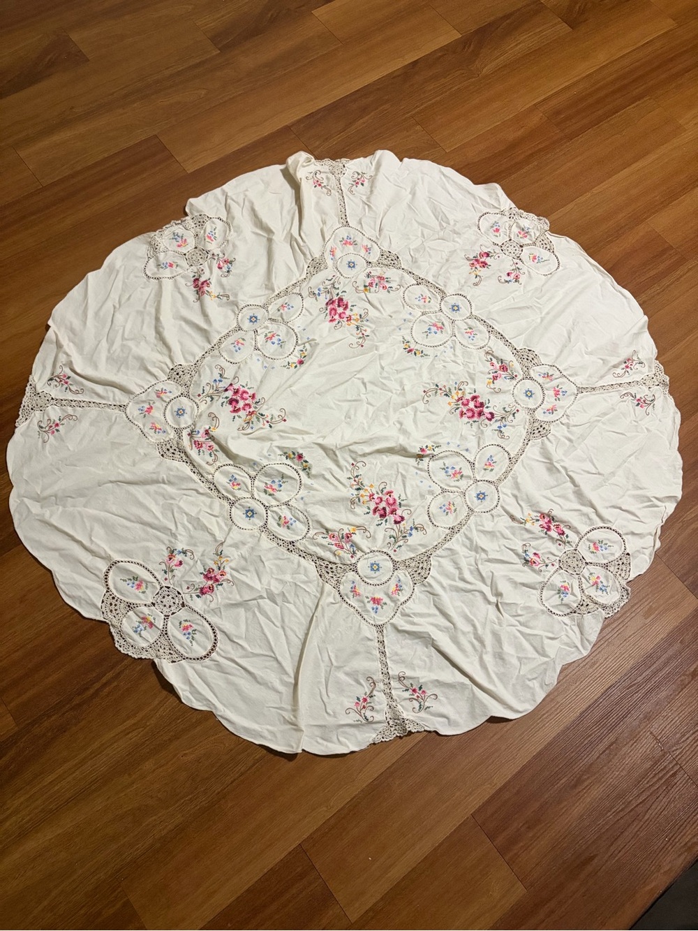 Vintage Round Tablecloth Ivory with Cross Stitch & Crochet Details 58 in Across